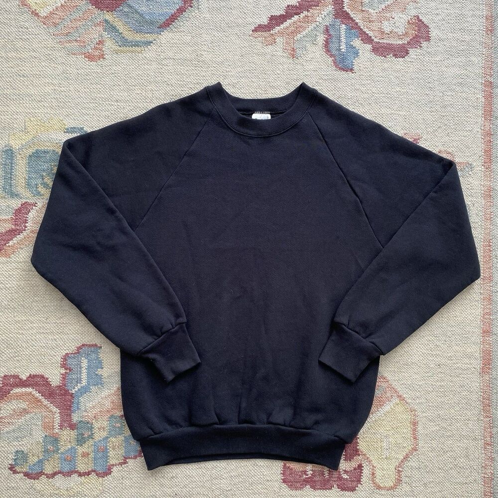 Vintage 90s Black Sweatshirt Medium Blank Fruit of the Loom Raglan Basic USA